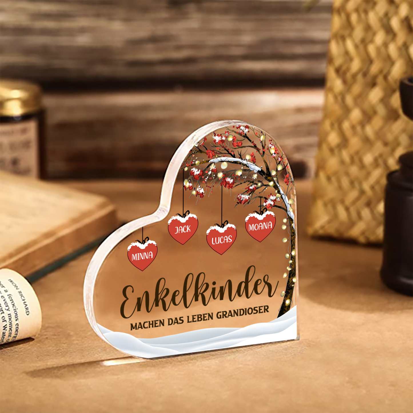 Personalisierte 4 Namen & 2 Texte Herz Acryl-Deko Familienbaum–Enkelkinder machen das Leben grandioser–Schreibtischdekoration für die Familie