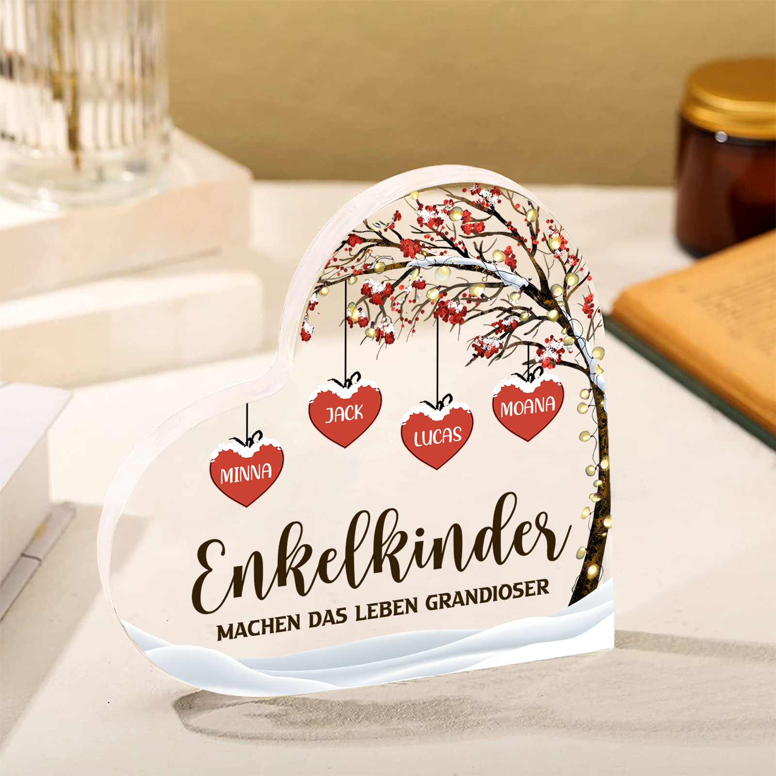 Personalisierte 4 Namen & 2 Texte Herz Acryl-Deko Familienbaum–Enkelkinder machen das Leben grandioser–Schreibtischdekoration für die Familie
