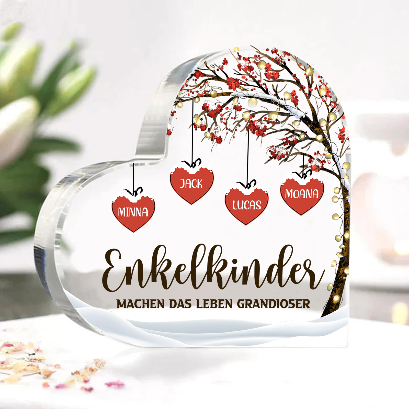 Personalisierte 4 Namen & 2 Texte Herz Acryl-Deko Familienbaum–Enkelkinder machen das Leben grandioser–Schreibtischdekoration für die Familie
