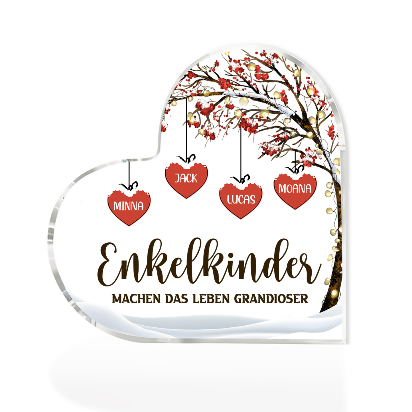Personalisierte 4 Namen & 2 Texte Herz Acryl-Deko Familienbaum–Enkelkinder machen das Leben grandioser–Schreibtischdekoration für die Familie