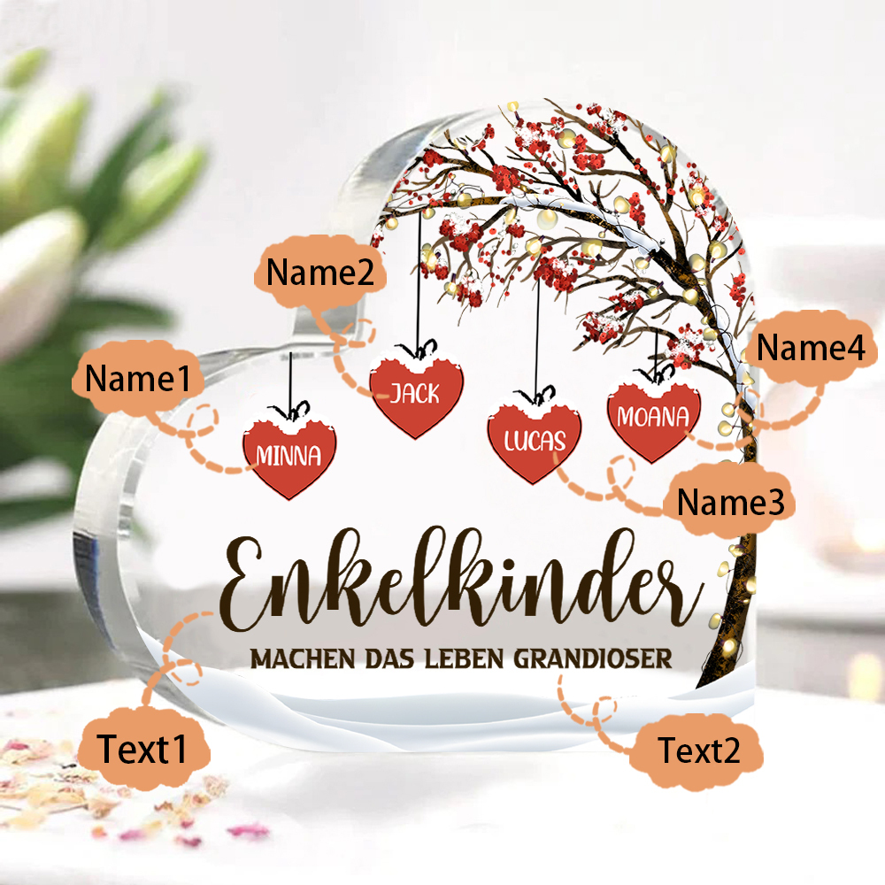 Personalisierte 4 Namen & 2 Texte Herz Acryl-Deko Familienbaum–Enkelkinder machen das Leben grandioser–Schreibtischdekoration für die Familie