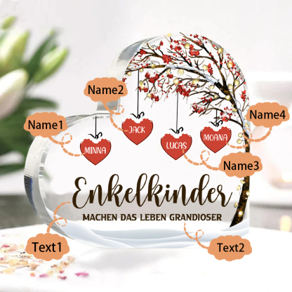Personalisierte 4 Namen & 2 Texte Herz Acryl-Deko Familienbaum–Enkelkinder machen das Leben grandioser–Schreibtischdekoration für die Familie