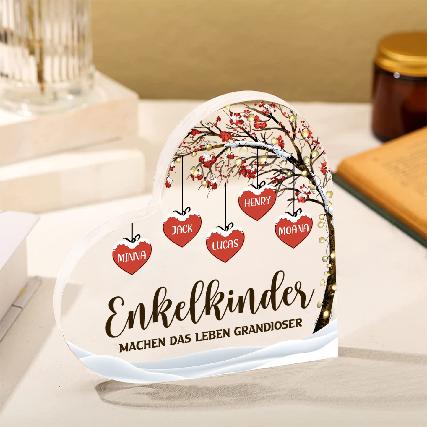 Personalisierte 5 Namen & 2 Texte Herz Acryl-Deko Familienbaum–Enkelkinder machen das Leben grandioser–Schreibtischdekoration für die Familie