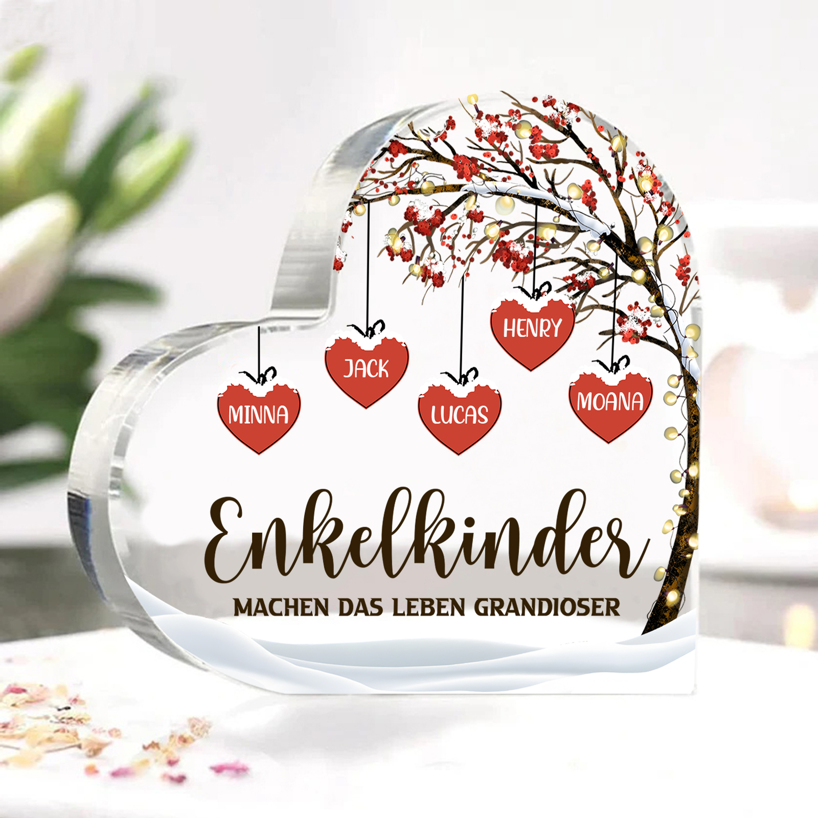 Personalisierte 5 Namen & 2 Texte Herz Acryl-Deko Familienbaum–Enkelkinder machen das Leben grandioser–Schreibtischdekoration für die Familie