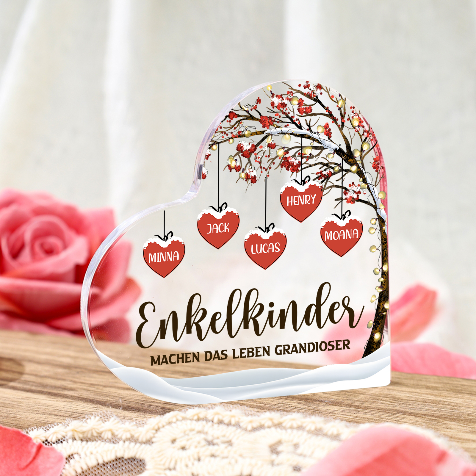 Personalisierte 5 Namen & 2 Texte Herz Acryl-Deko Familienbaum–Enkelkinder machen das Leben grandioser–Schreibtischdekoration für die Familie