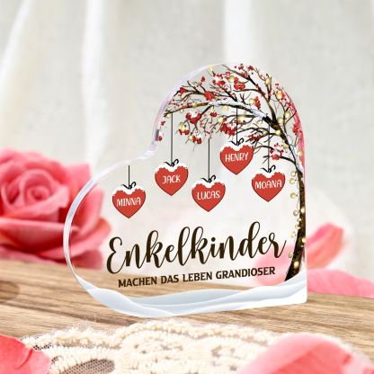 Personalisierte 5 Namen & 2 Texte Herz Acryl-Deko Familienbaum–Enkelkinder machen das Leben grandioser–Schreibtischdekoration für die Familie