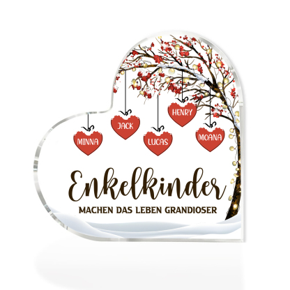 Personalisierte 5 Namen & 2 Texte Herz Acryl-Deko Familienbaum–Enkelkinder machen das Leben grandioser–Schreibtischdekoration für die Familie