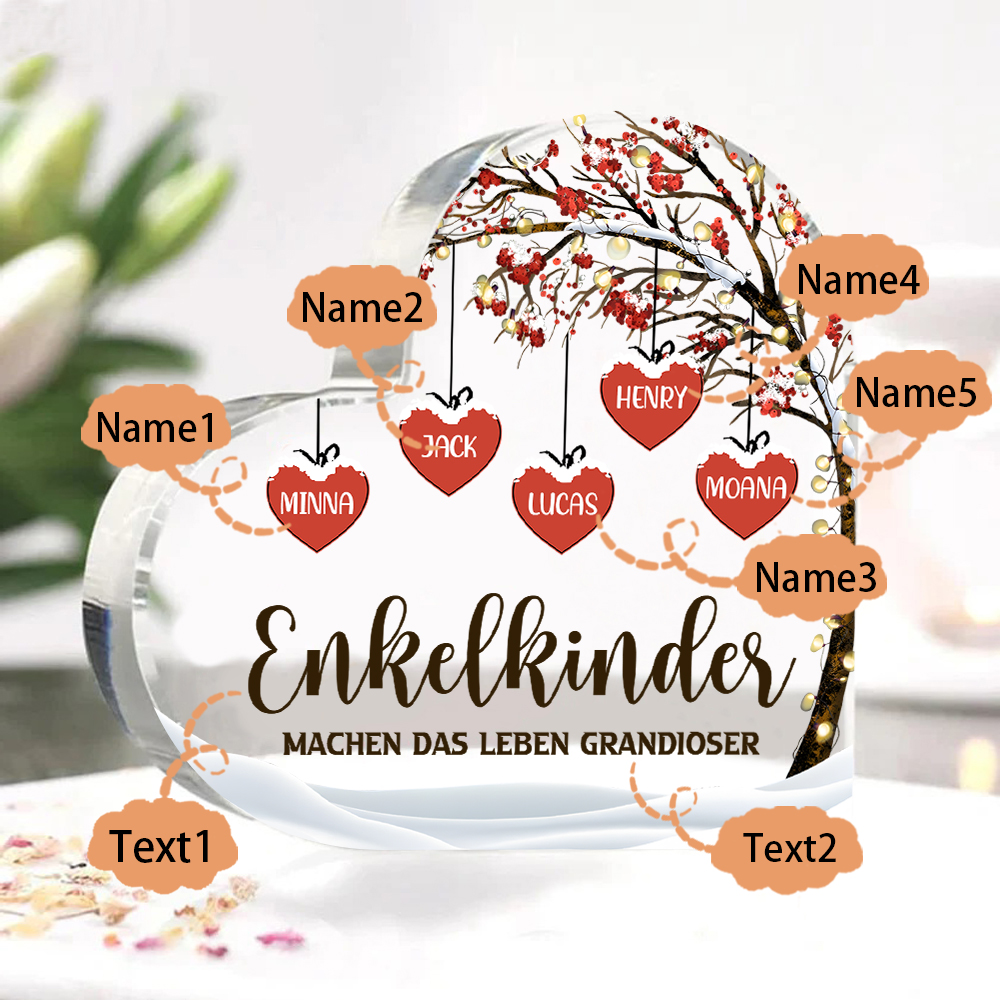 Personalisierte 5 Namen & 2 Texte Herz Acryl-Deko Familienbaum–Enkelkinder machen das Leben grandioser–Schreibtischdekoration für die Familie