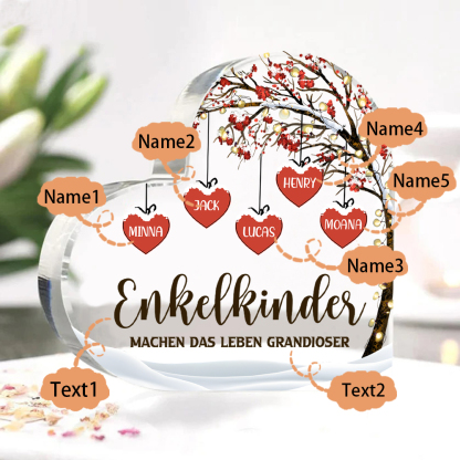 Personalisierte 5 Namen & 2 Texte Herz Acryl-Deko Familienbaum–Enkelkinder machen das Leben grandioser–Schreibtischdekoration für die Familie