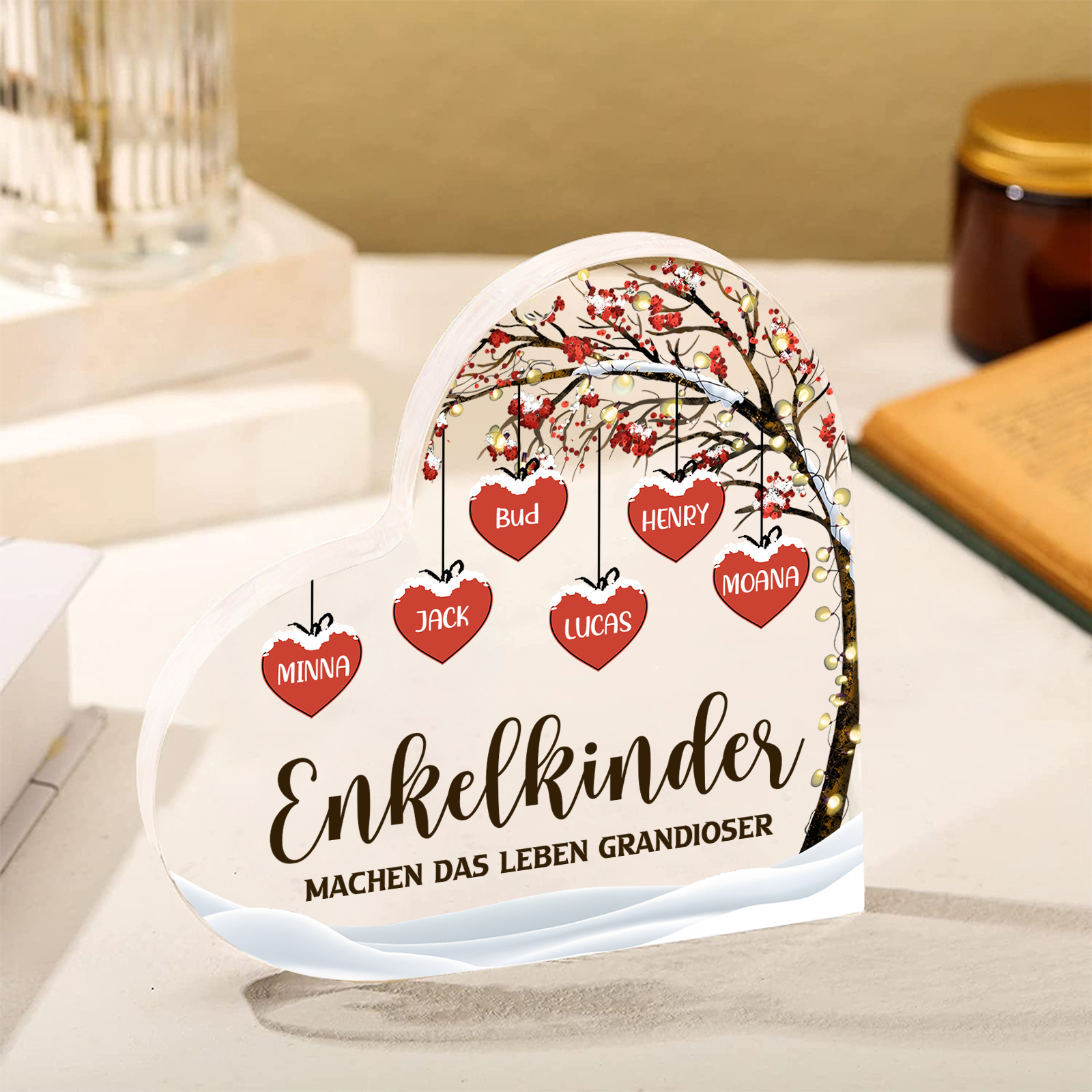 Personalisierte 6 Namen & 2 Texte Herz Acryl-Deko Familienbaum–Enkelkinder machen das Leben grandioser–Schreibtischdekoration für die Familie