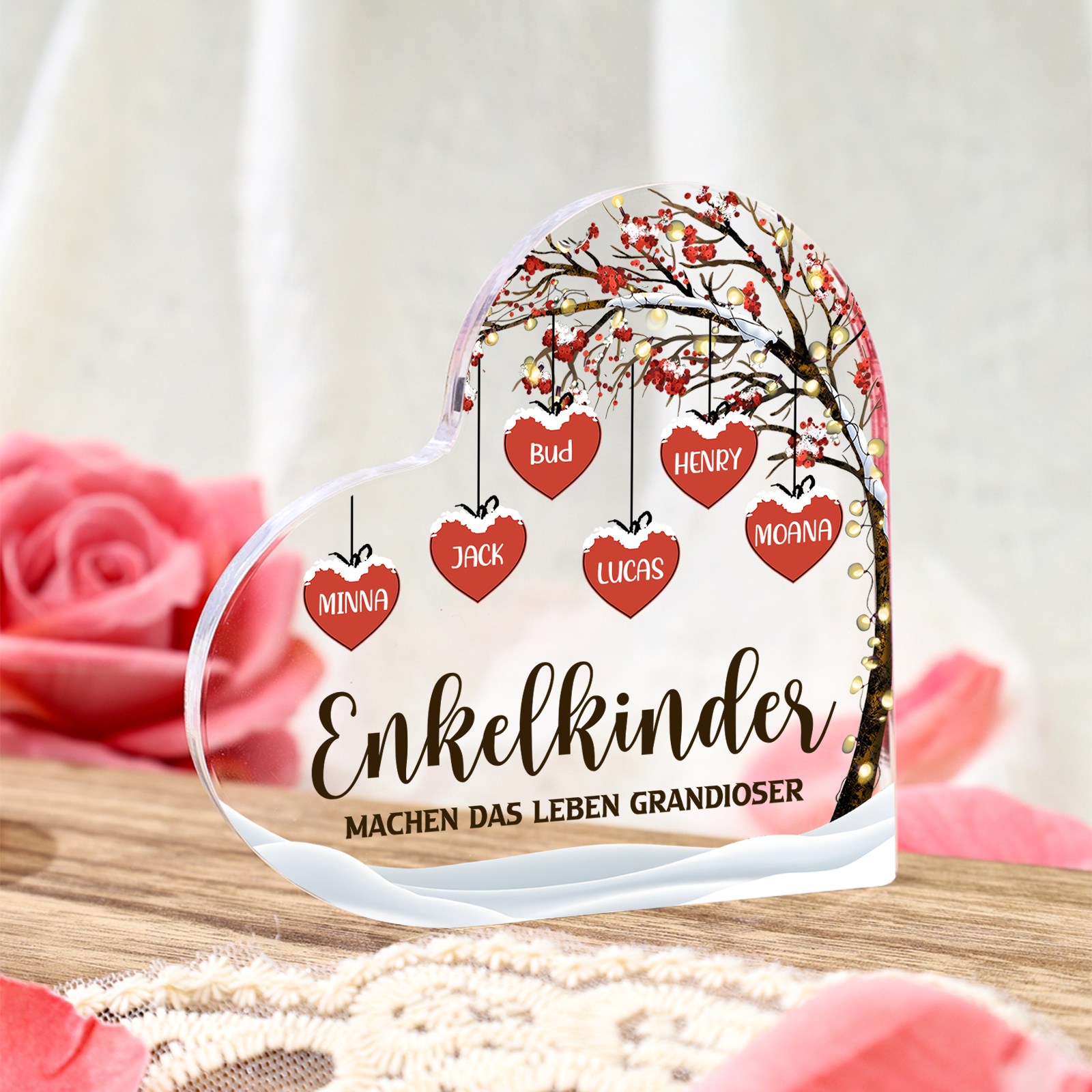 Personalisierte 6 Namen & 2 Texte Herz Acryl-Deko Familienbaum–Enkelkinder machen das Leben grandioser–Schreibtischdekoration für die Familie