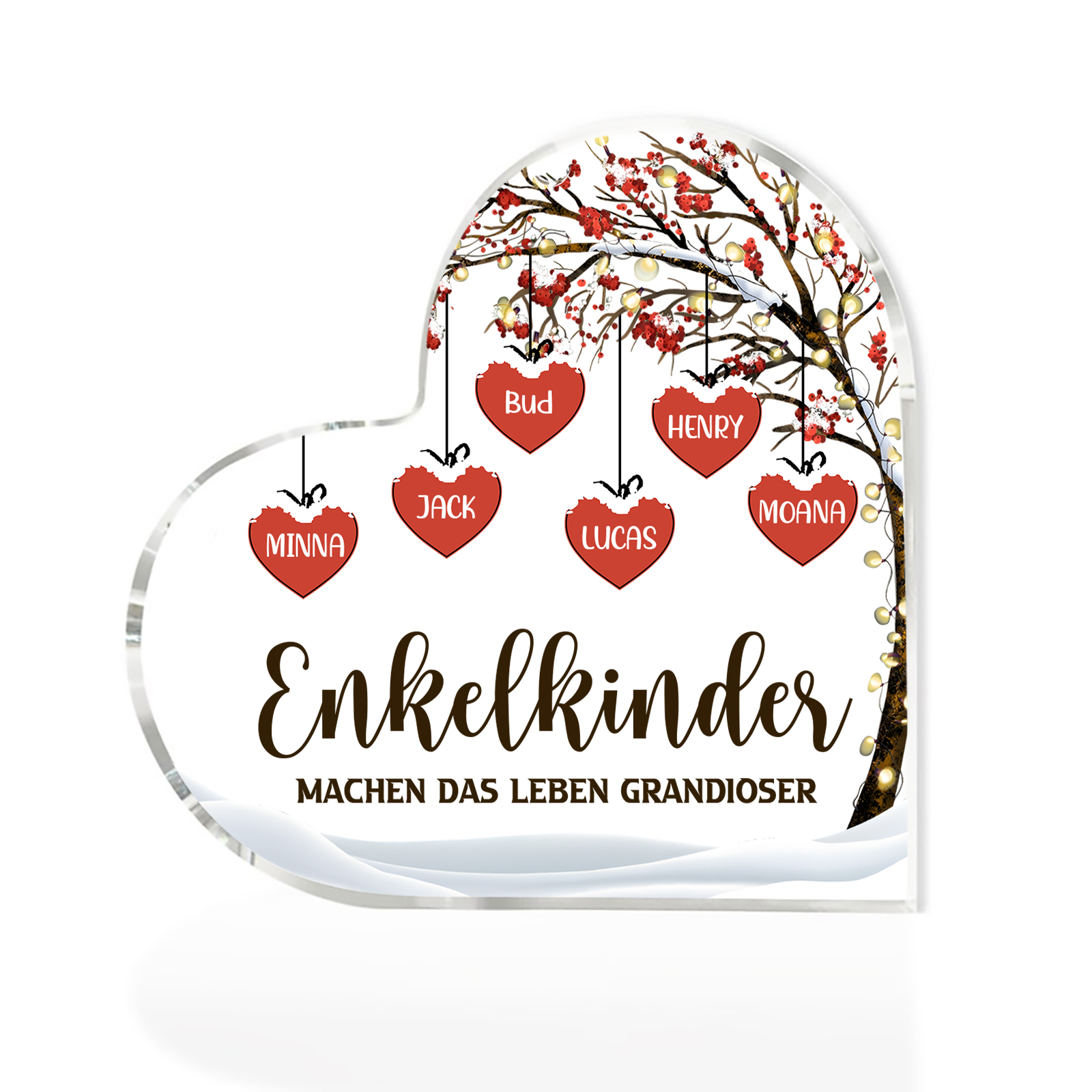 Personalisierte 6 Namen & 2 Texte Herz Acryl-Deko Familienbaum–Enkelkinder machen das Leben grandioser–Schreibtischdekoration für die Familie