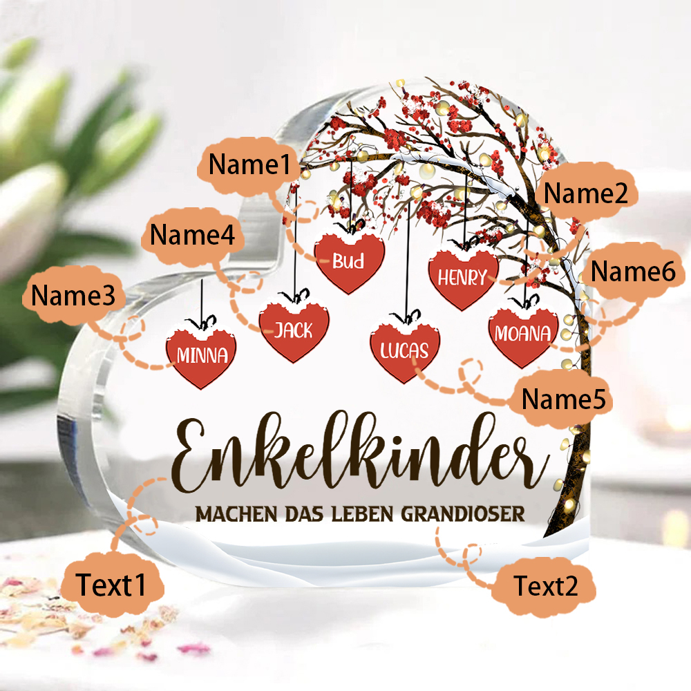 Personalisierte 6 Namen & 2 Texte Herz Acryl-Deko Familienbaum–Enkelkinder machen das Leben grandioser–Schreibtischdekoration für die Familie