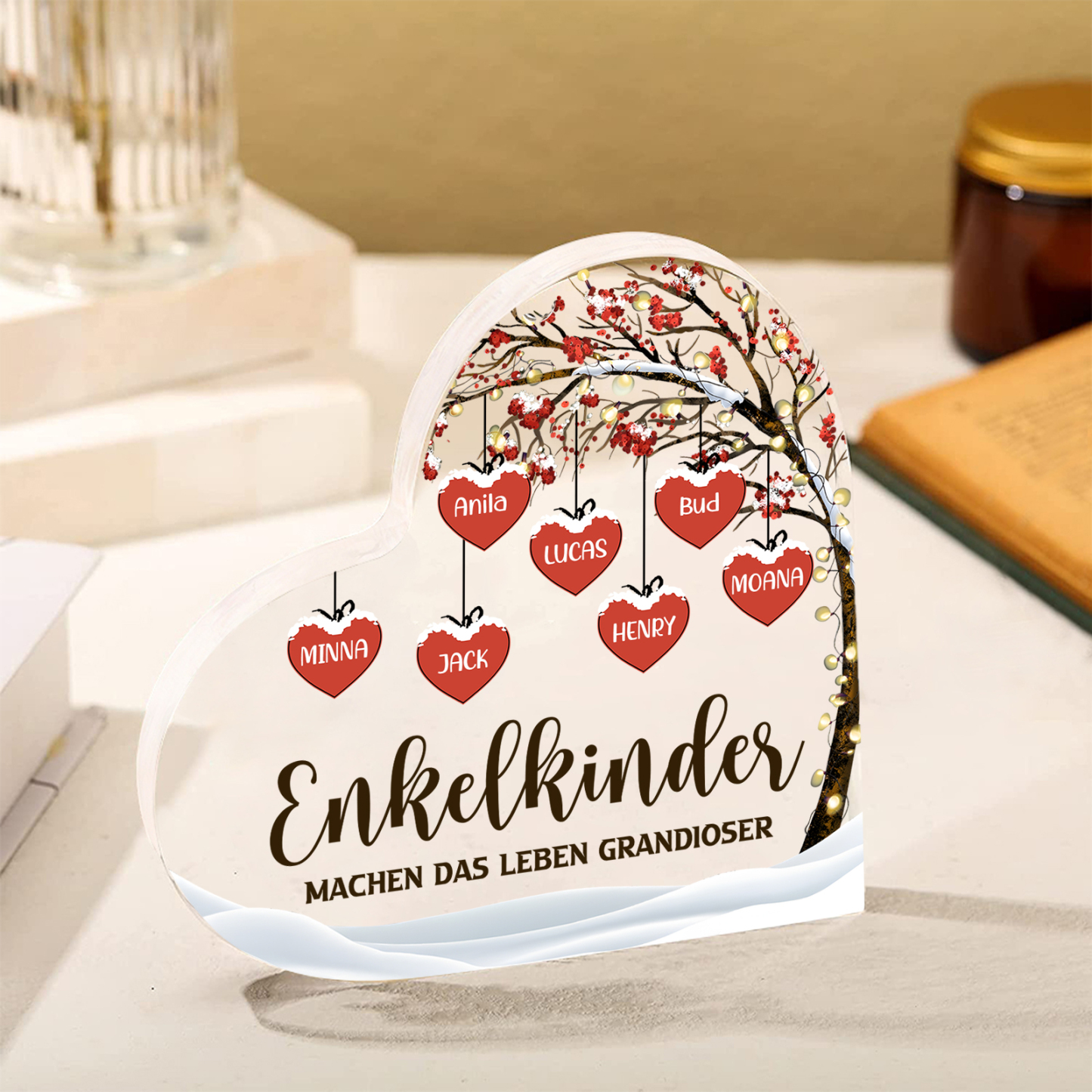 Personalisierte 7 Namen & 2 Texte Herz Acryl-Deko Familienbaum–Enkelkinder machen das Leben grandioser–Schreibtischdekoration für die Familie