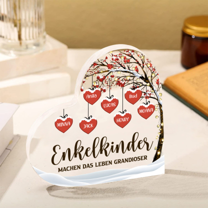 Personalisierte 7 Namen & 2 Texte Herz Acryl-Deko Familienbaum–Enkelkinder machen das Leben grandioser–Schreibtischdekoration für die Familie