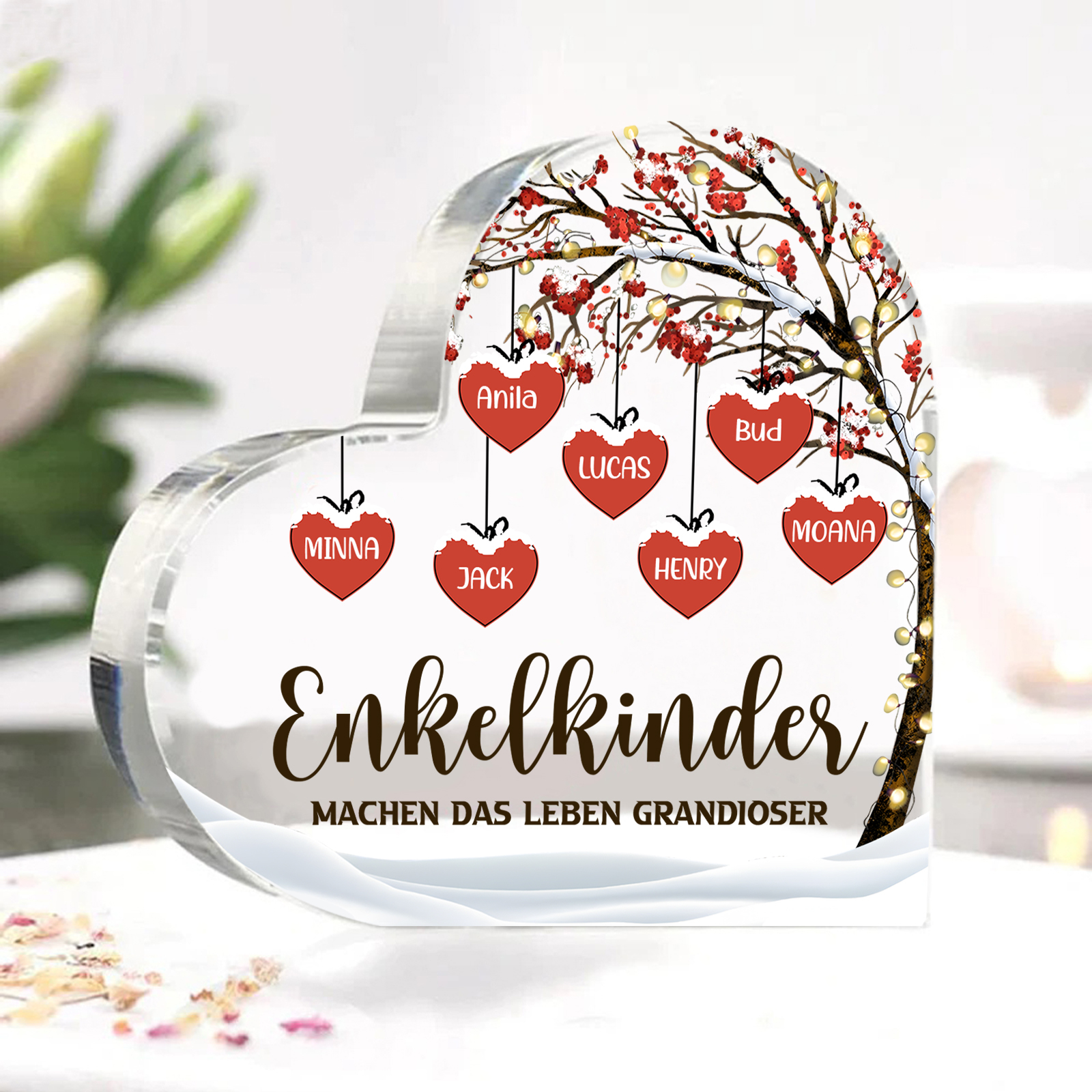 Personalisierte 7 Namen & 2 Texte Herz Acryl-Deko Familienbaum–Enkelkinder machen das Leben grandioser–Schreibtischdekoration für die Familie