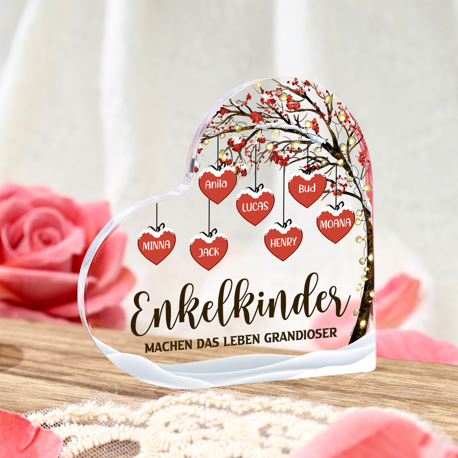 Personalisierte 7 Namen & 2 Texte Herz Acryl-Deko Familienbaum–Enkelkinder machen das Leben grandioser–Schreibtischdekoration für die Familie