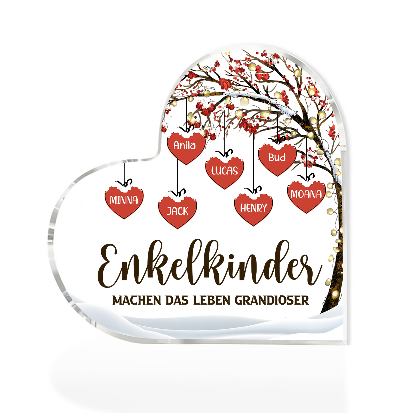 Personalisierte 7 Namen & 2 Texte Herz Acryl-Deko Familienbaum–Enkelkinder machen das Leben grandioser–Schreibtischdekoration für die Familie