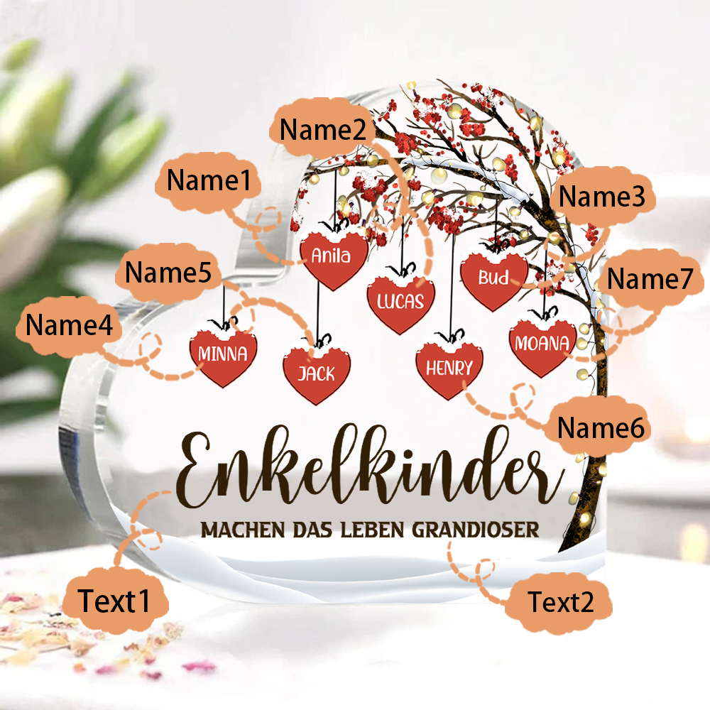 Personalisierte 7 Namen & 2 Texte Herz Acryl-Deko Familienbaum–Enkelkinder machen das Leben grandioser–Schreibtischdekoration für die Familie