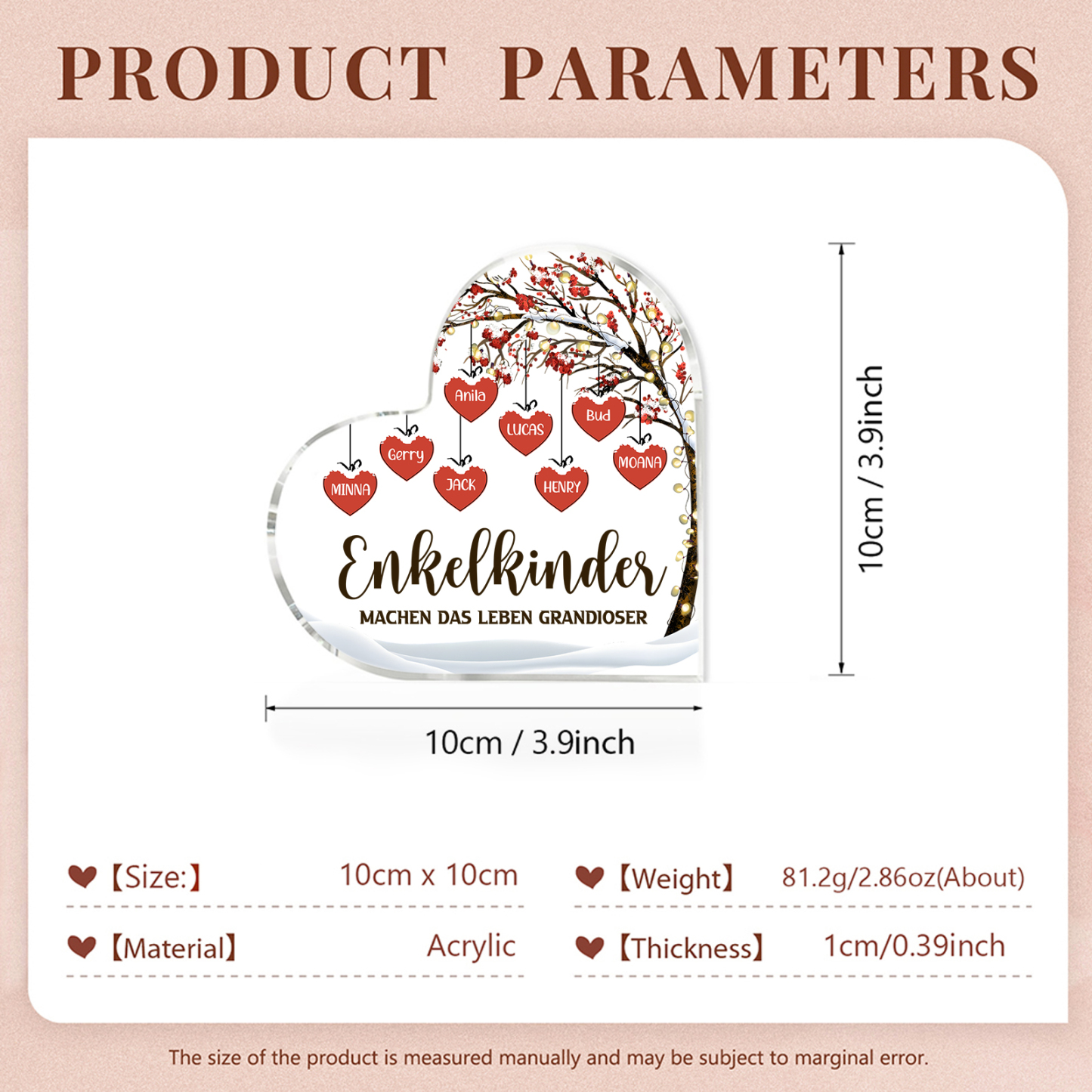 Personalisierte 8 Namen & 2 Texte Herz Acryl-Deko Familienbaum–Enkelkinder machen das Leben grandioser–Schreibtischdekoration für die Familie