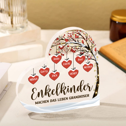 Personalisierte 8 Namen & 2 Texte Herz Acryl-Deko Familienbaum–Enkelkinder machen das Leben grandioser–Schreibtischdekoration für die Familie