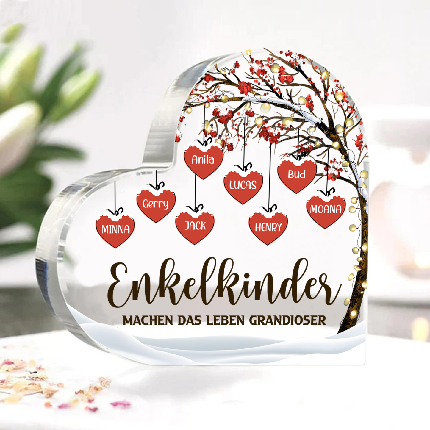 Personalisierte 8 Namen & 2 Texte Herz Acryl-Deko Familienbaum–Enkelkinder machen das Leben grandioser–Schreibtischdekoration für die Familie