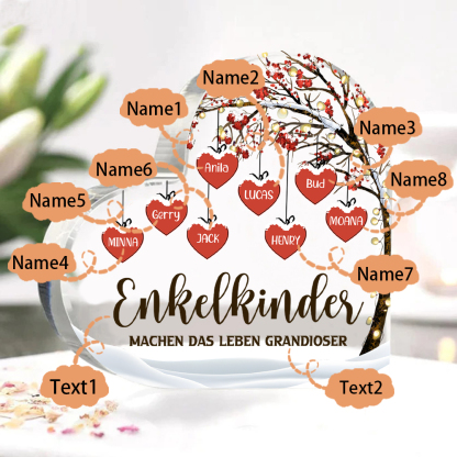 Personalisierte 8 Namen & 2 Texte Herz Acryl-Deko Familienbaum–Enkelkinder machen das Leben grandioser–Schreibtischdekoration für die Familie