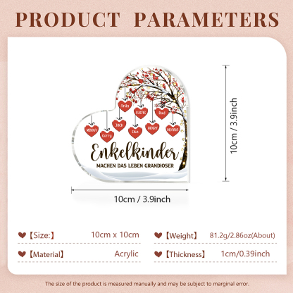 Personalisierte 9 Namen & 2 Texte Herz Acryl-Deko Familienbaum–Enkelkinder machen das Leben grandioser–Schreibtischdekoration für die Familie