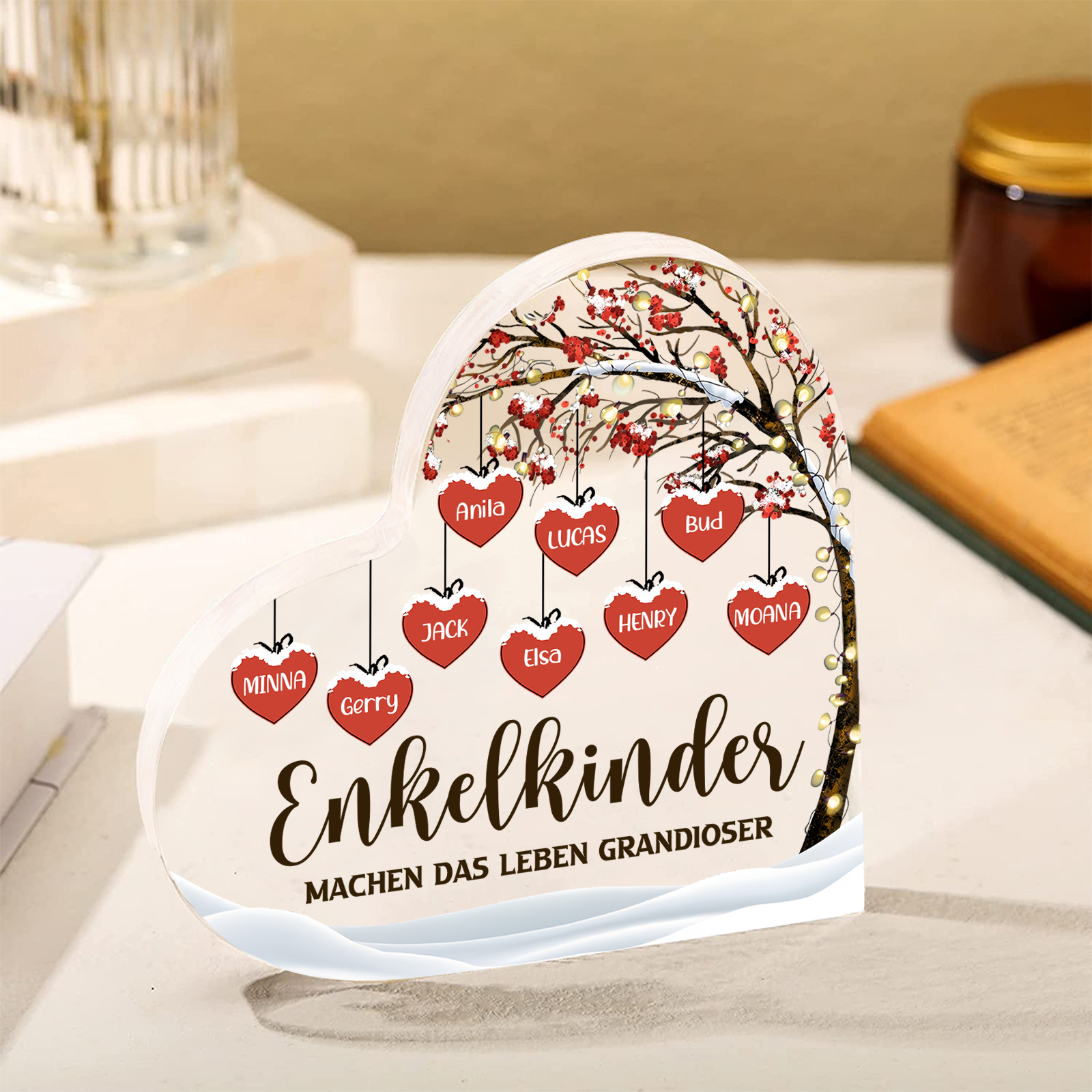 Personalisierte 9 Namen & 2 Texte Herz Acryl-Deko Familienbaum–Enkelkinder machen das Leben grandioser–Schreibtischdekoration für die Familie