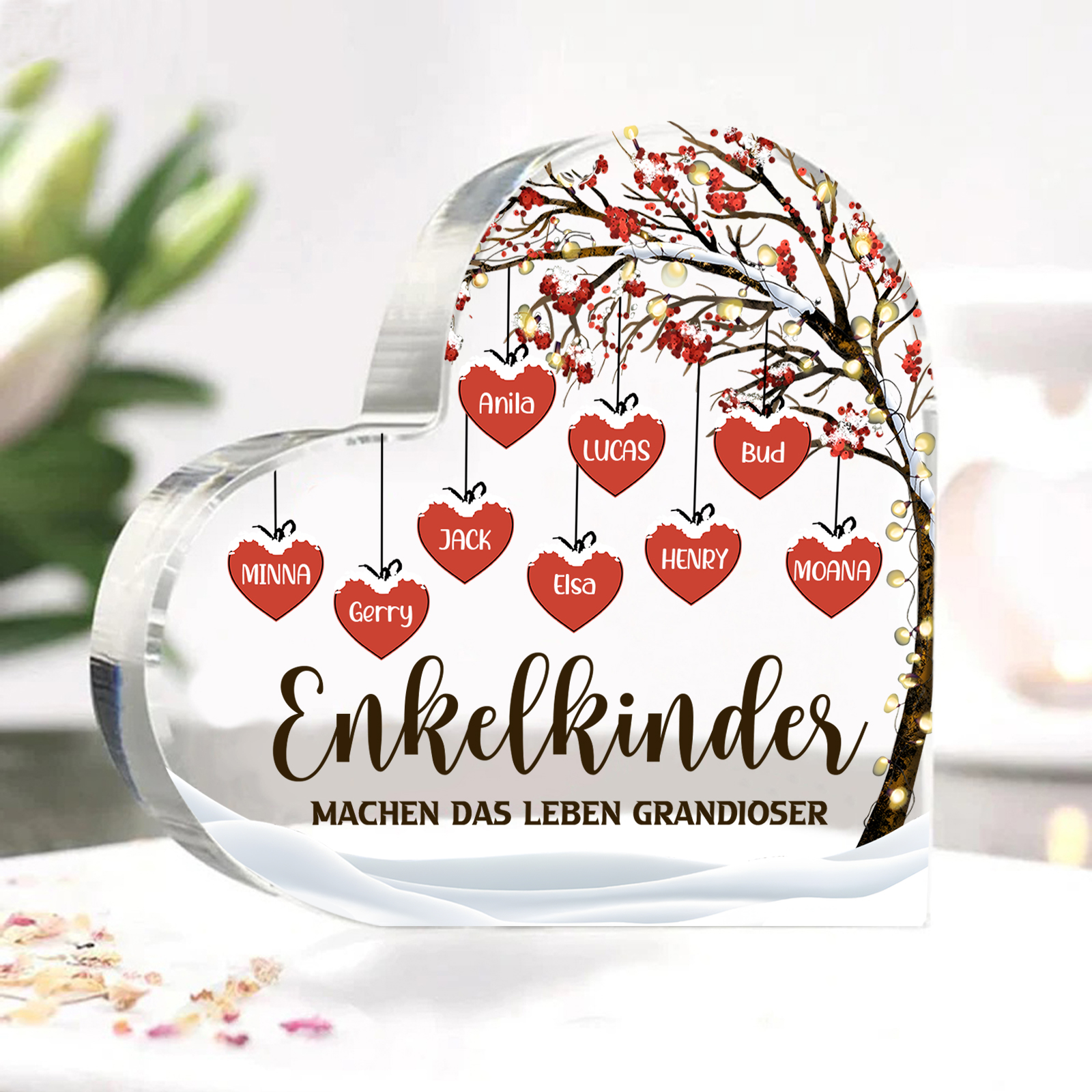 Personalisierte 9 Namen & 2 Texte Herz Acryl-Deko Familienbaum–Enkelkinder machen das Leben grandioser–Schreibtischdekoration für die Familie