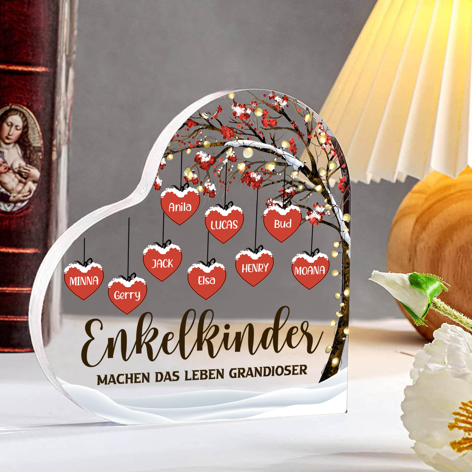 Personalisierte 9 Namen & 2 Texte Herz Acryl-Deko Familienbaum–Enkelkinder machen das Leben grandioser–Schreibtischdekoration für die Familie