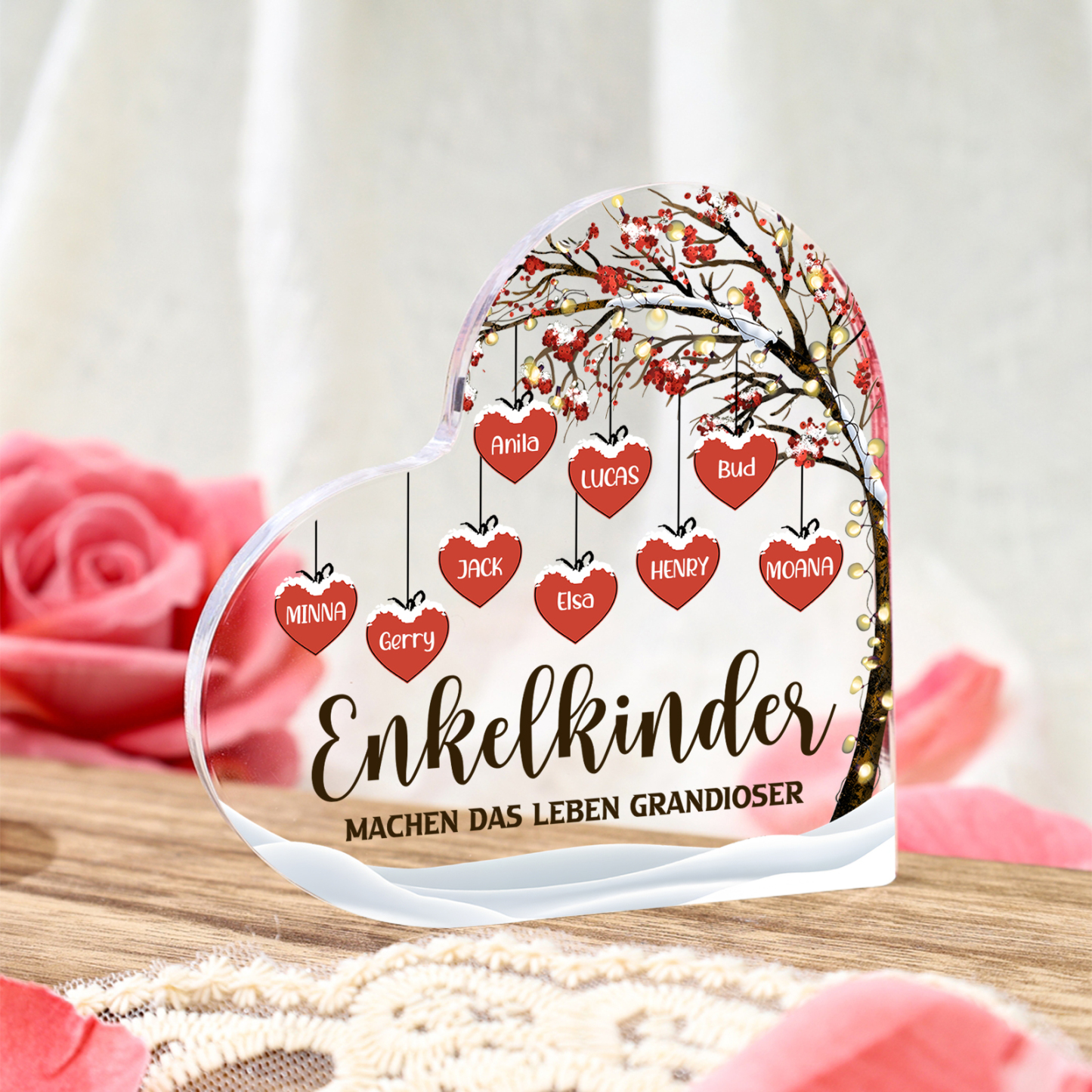 Personalisierte 9 Namen & 2 Texte Herz Acryl-Deko Familienbaum–Enkelkinder machen das Leben grandioser–Schreibtischdekoration für die Familie