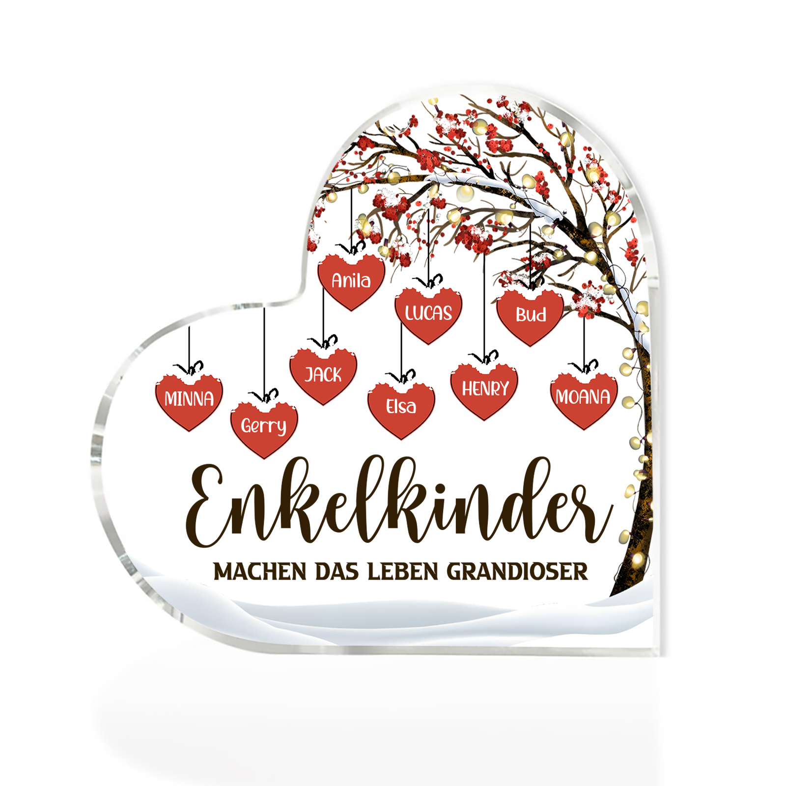 Personalisierte 9 Namen & 2 Texte Herz Acryl-Deko Familienbaum–Enkelkinder machen das Leben grandioser–Schreibtischdekoration für die Familie
