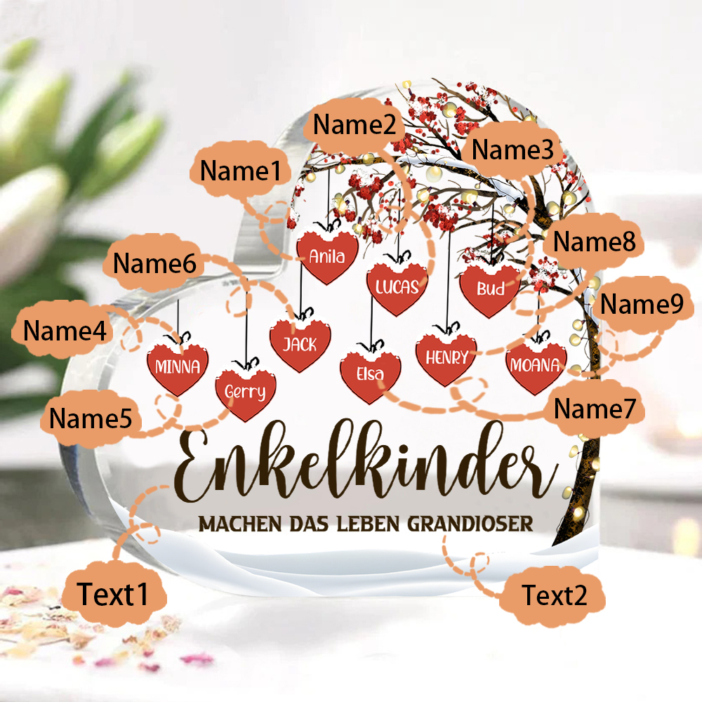 Personalisierte 9 Namen & 2 Texte Herz Acryl-Deko Familienbaum–Enkelkinder machen das Leben grandioser–Schreibtischdekoration für die Familie