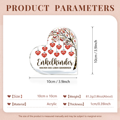 Personalisierte 10 Namen & 2 Texte Herz Acryl-Deko Familienbaum–Enkelkinder machen das Leben grandioser–Schreibtischdekoration für die Familie