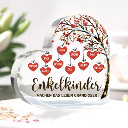 Personalisierte 10 Namen & 2 Texte Herz Acryl-Deko Familienbaum–Enkelkinder machen das Leben grandioser–Schreibtischdekoration für die Familie
