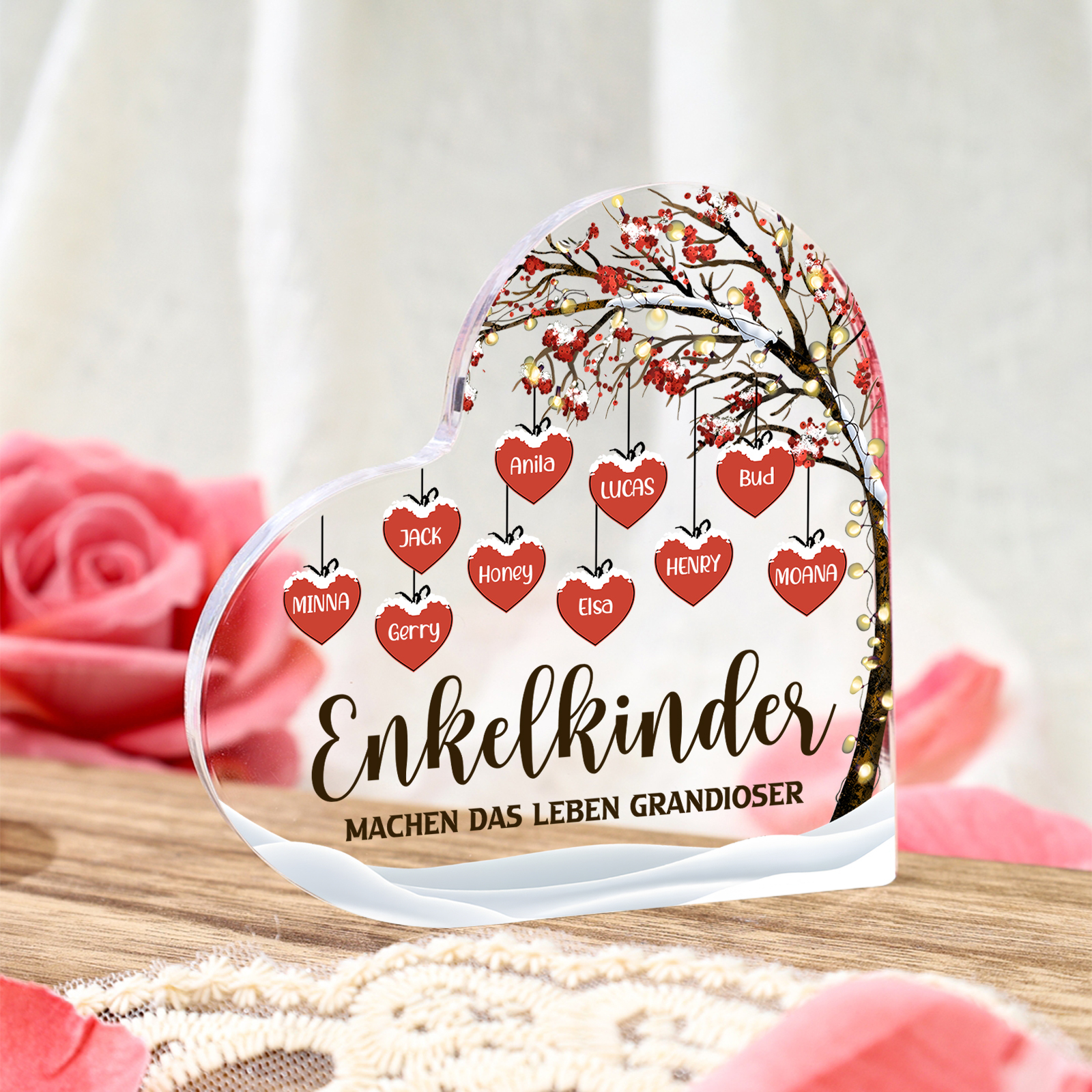 Personalisierte 10 Namen & 2 Texte Herz Acryl-Deko Familienbaum–Enkelkinder machen das Leben grandioser–Schreibtischdekoration für die Familie