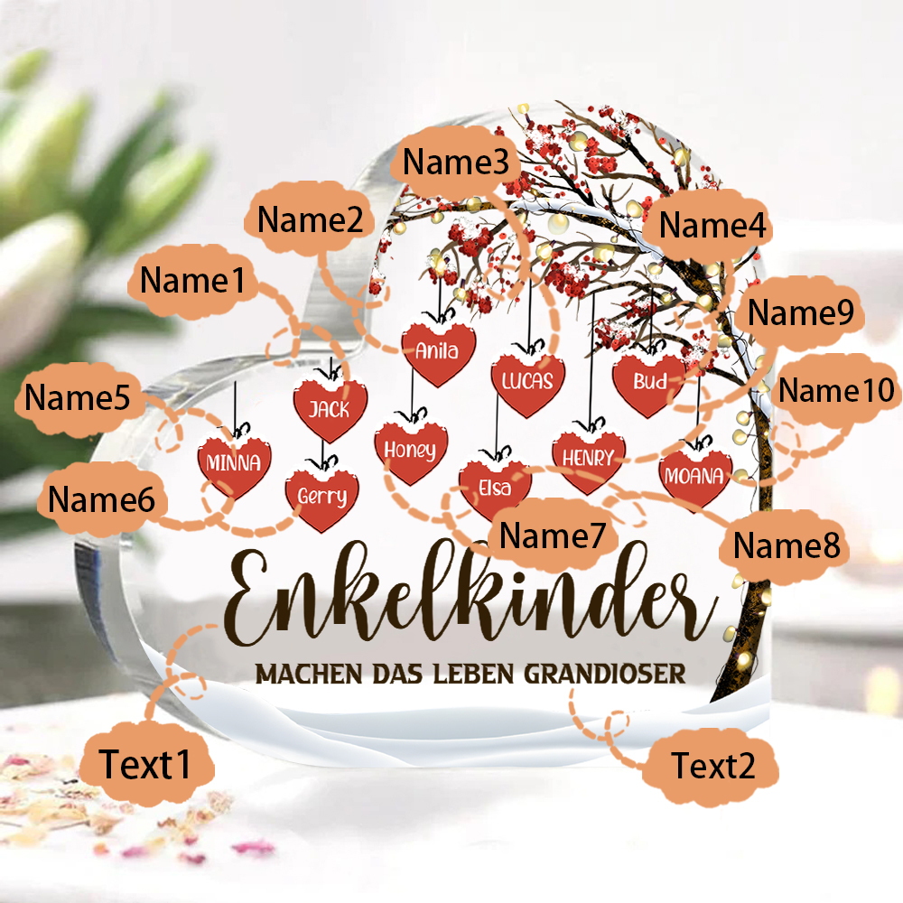 Personalisierte 10 Namen & 2 Texte Herz Acryl-Deko Familienbaum–Enkelkinder machen das Leben grandioser–Schreibtischdekoration für die Familie