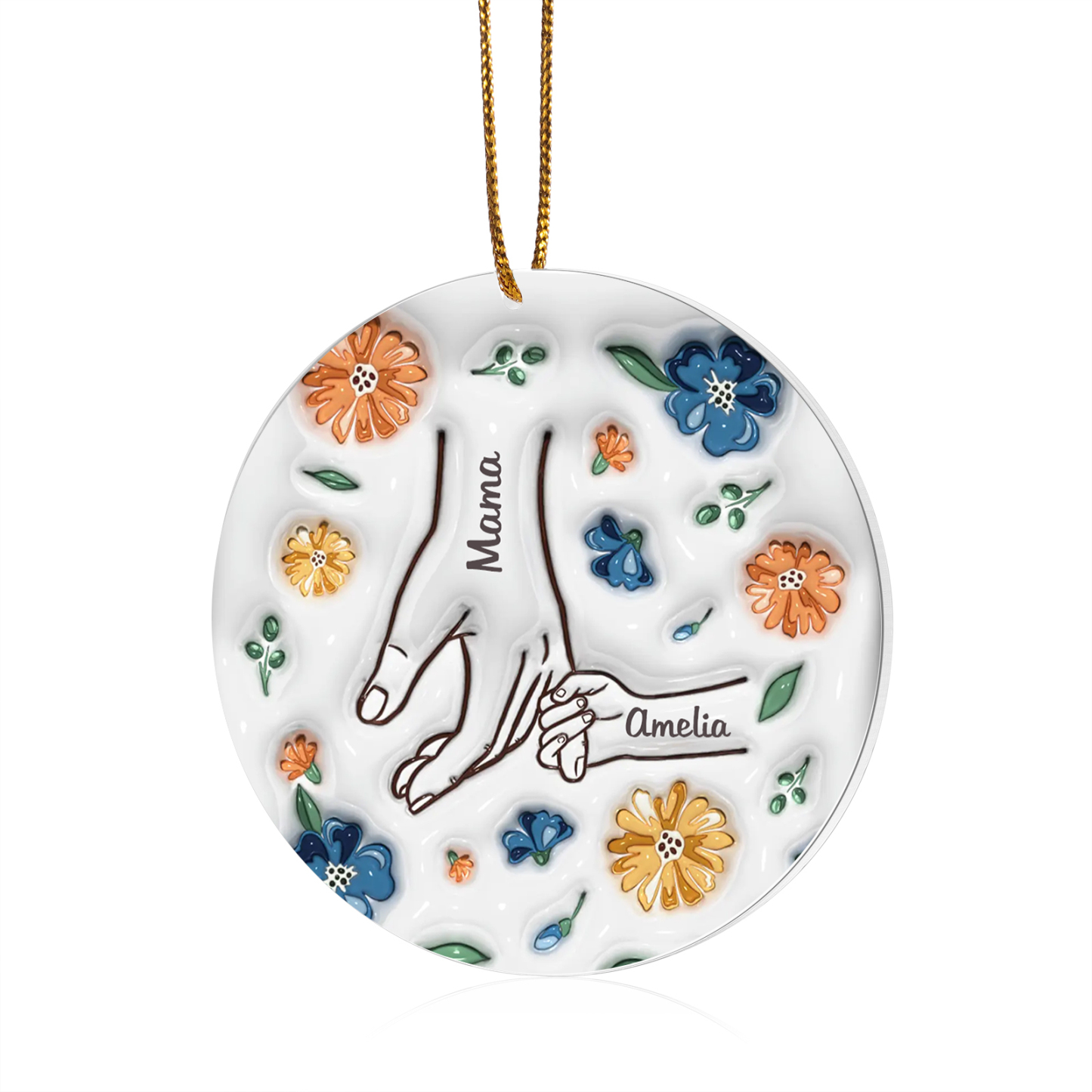 Personalisierte 2 Namen Hand-in-Hand runder Acryl Schlüsselanhänger Weihnachtsornament für Mutter Familie