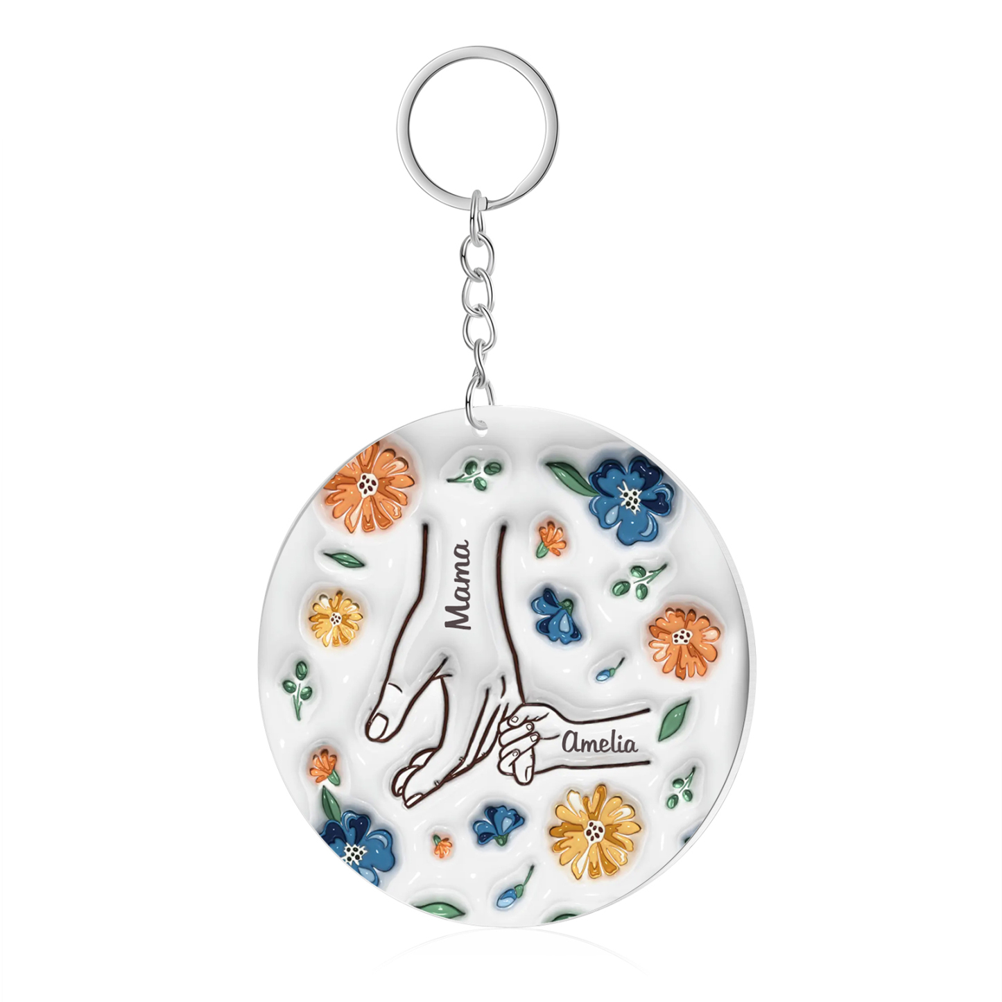 Personalisierte 2 Namen Hand-in-Hand runder Acryl Schlüsselanhänger Weihnachtsornament für Mutter Familie