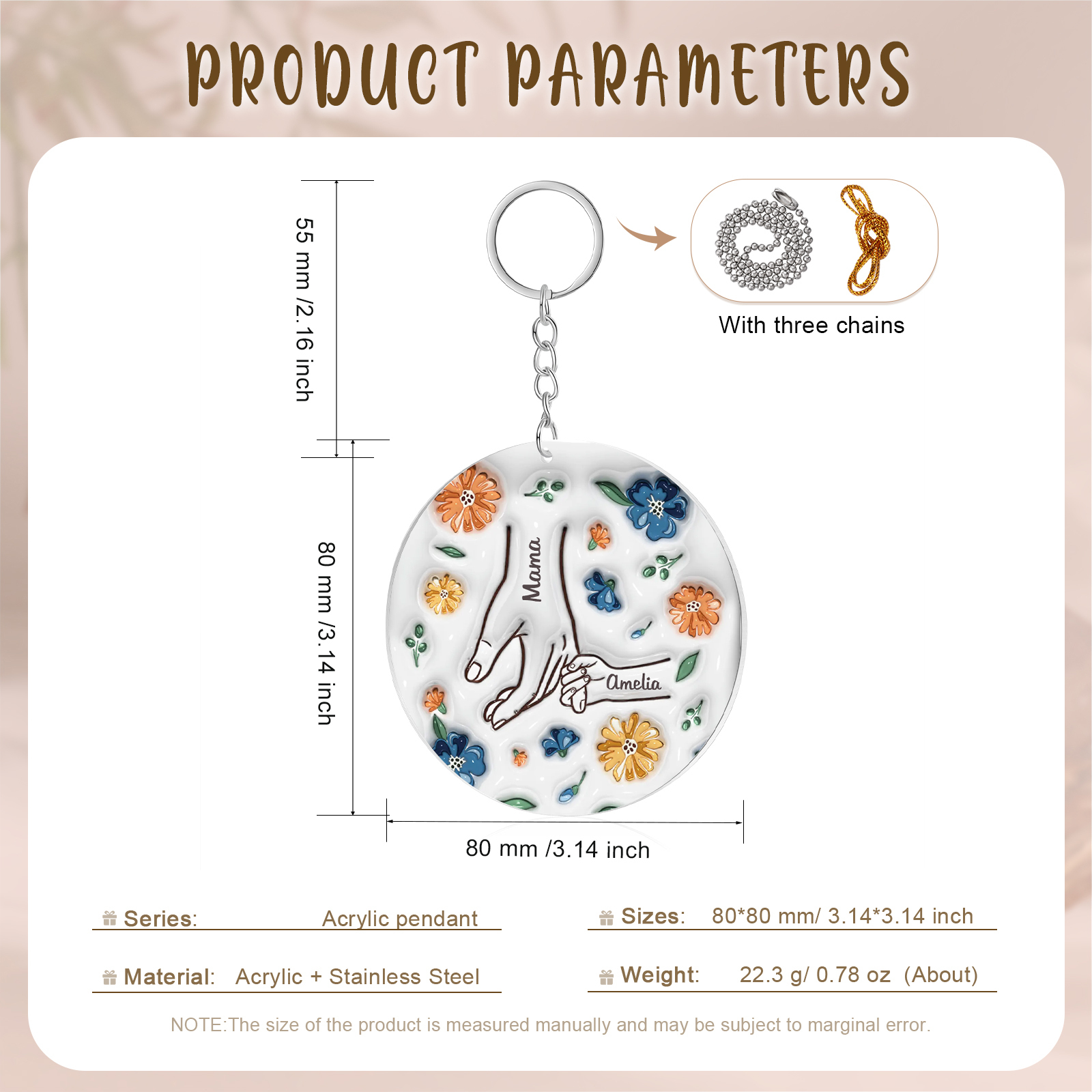 Personalisierte 2 Namen Hand-in-Hand runder Acryl Schlüsselanhänger Weihnachtsornament für Mutter Familie