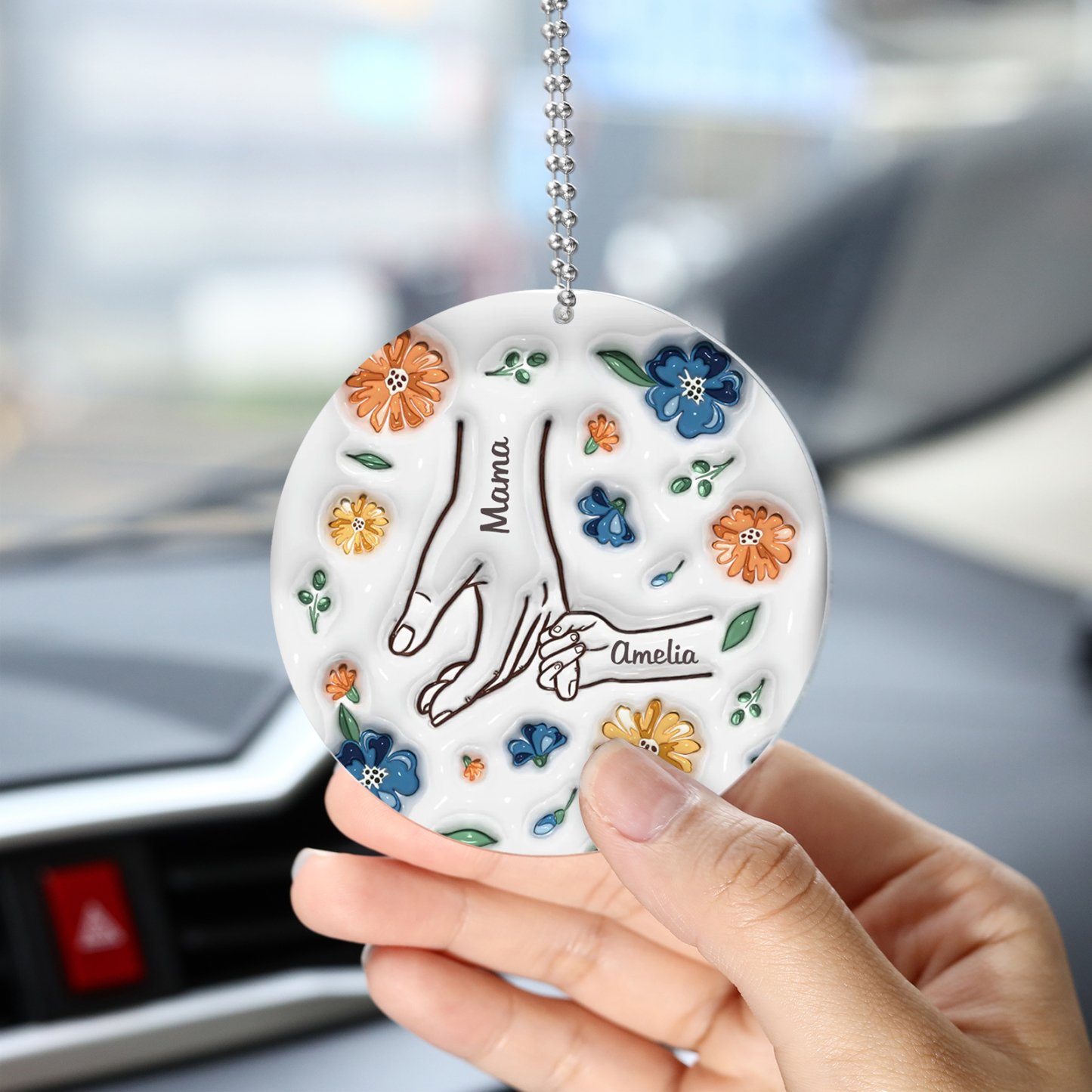 Personalisierte 2 Namen Hand-in-Hand runder Acryl Schlüsselanhänger Weihnachtsornament für Mutter Familie