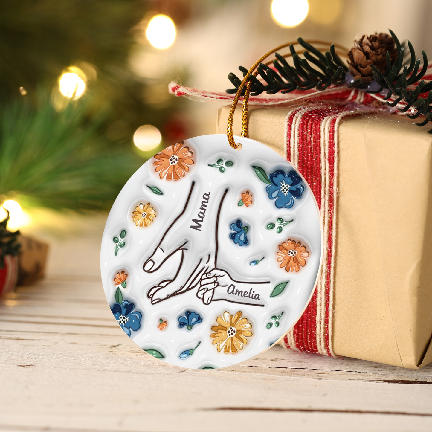 Personalisierte 2 Namen Hand-in-Hand runder Acryl Schlüsselanhänger Weihnachtsornament für Mutter Familie
