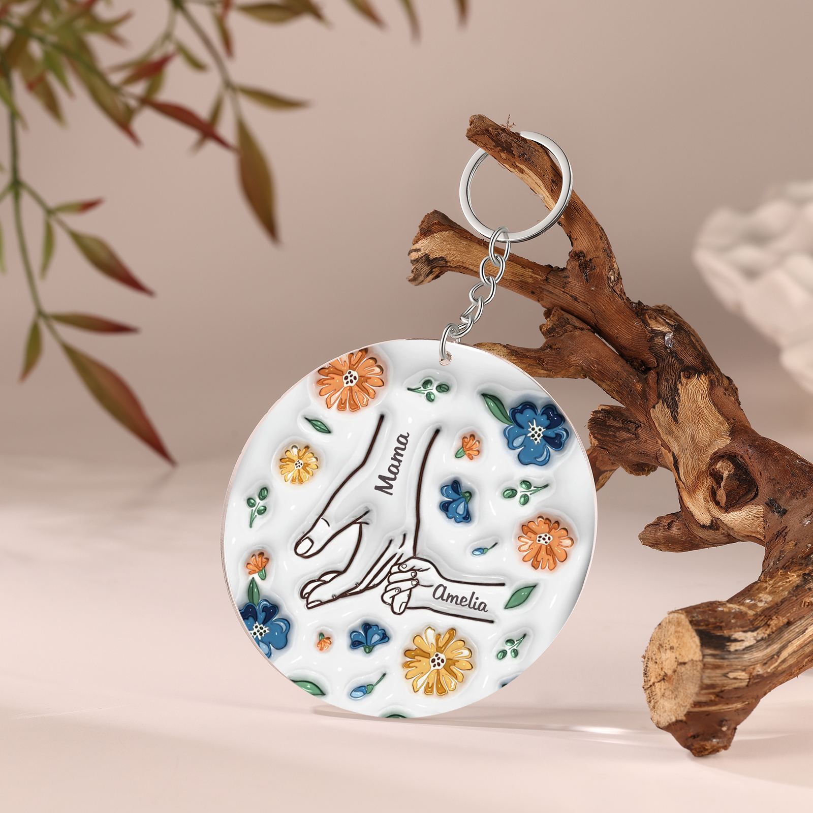 Personalisierte 2 Namen Hand-in-Hand runder Acryl Schlüsselanhänger Weihnachtsornament für Mutter Familie