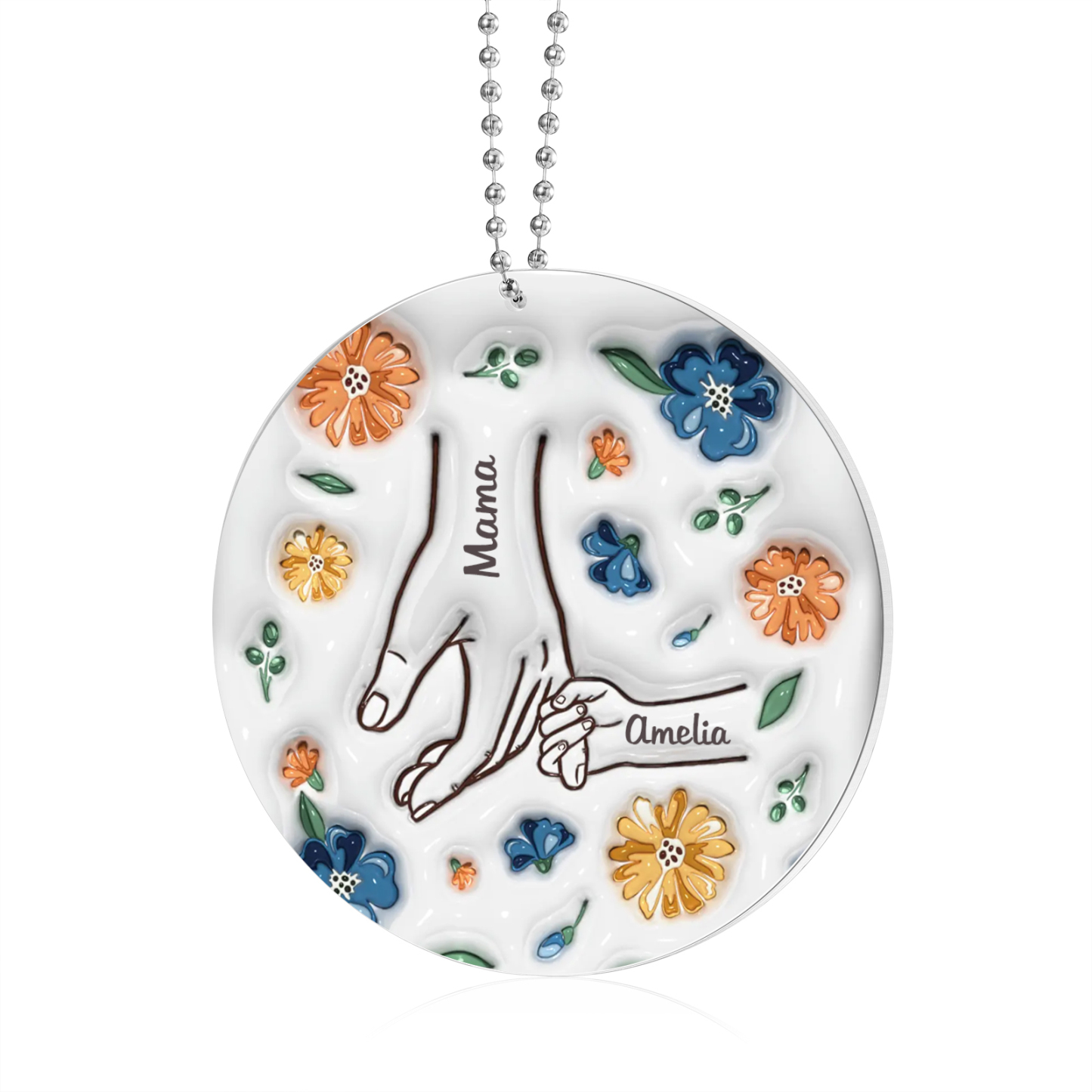 Personalisierte 2 Namen Hand-in-Hand runder Acryl Schlüsselanhänger Weihnachtsornament für Mutter Familie