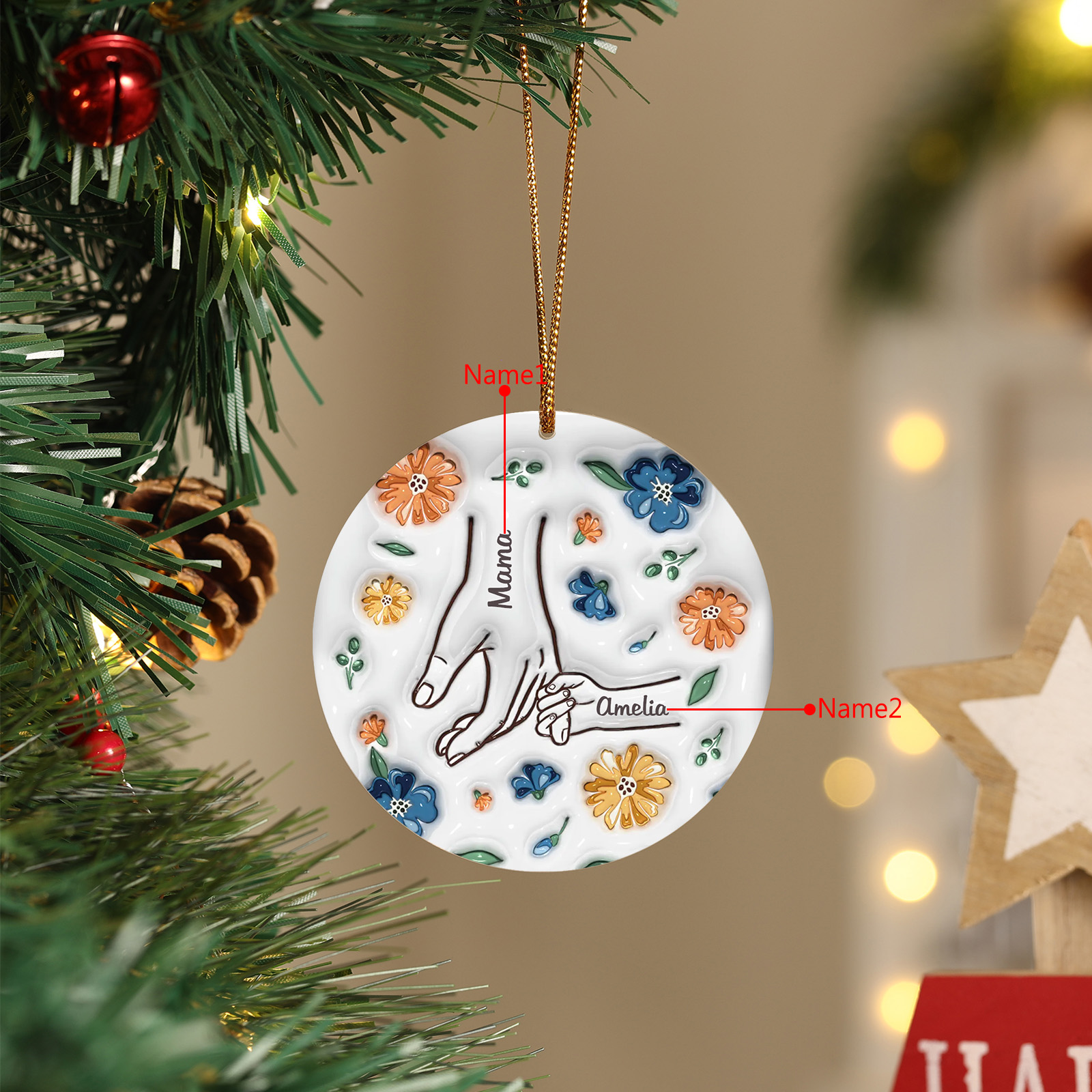 Personalisierte 2 Namen Hand-in-Hand runder Acryl Schlüsselanhänger Weihnachtsornament für Mutter Familie