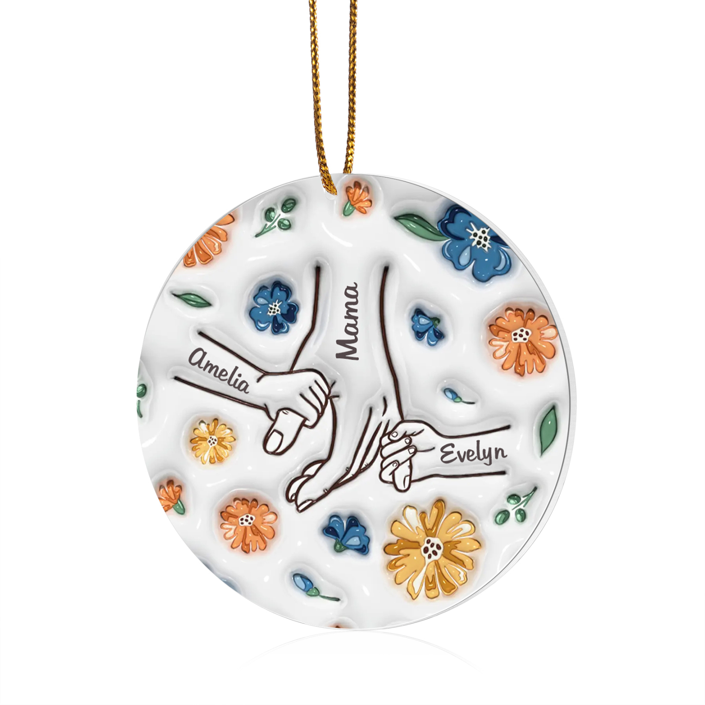 Personalisierte 3 Namen Hand-in-Hand runder Acryl Schlüsselanhänger Weihnachtsornament für Mutter Familie