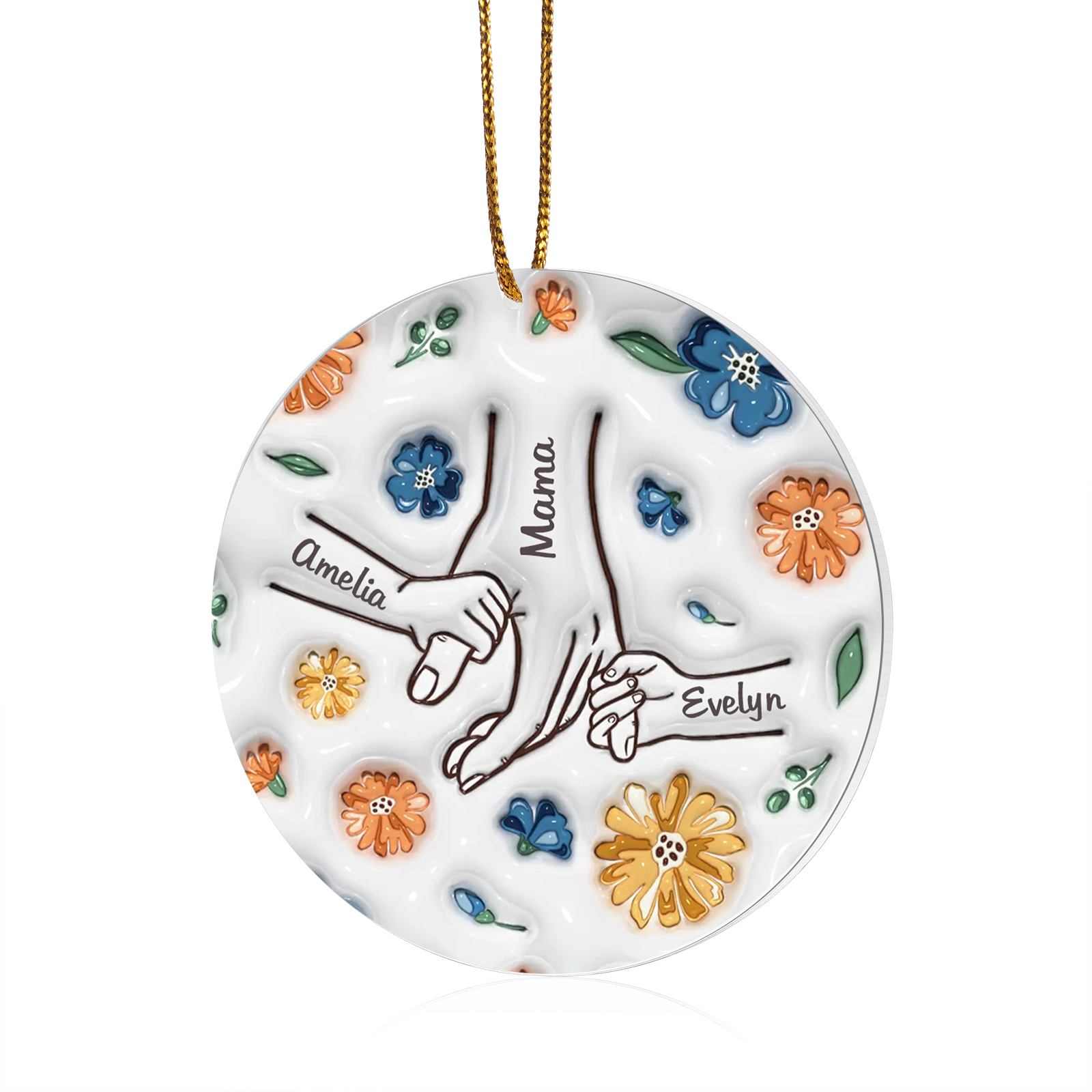 Personalisierte 3 Namen Hand-in-Hand runder Acryl Schlüsselanhänger Weihnachtsornament für Mutter Familie