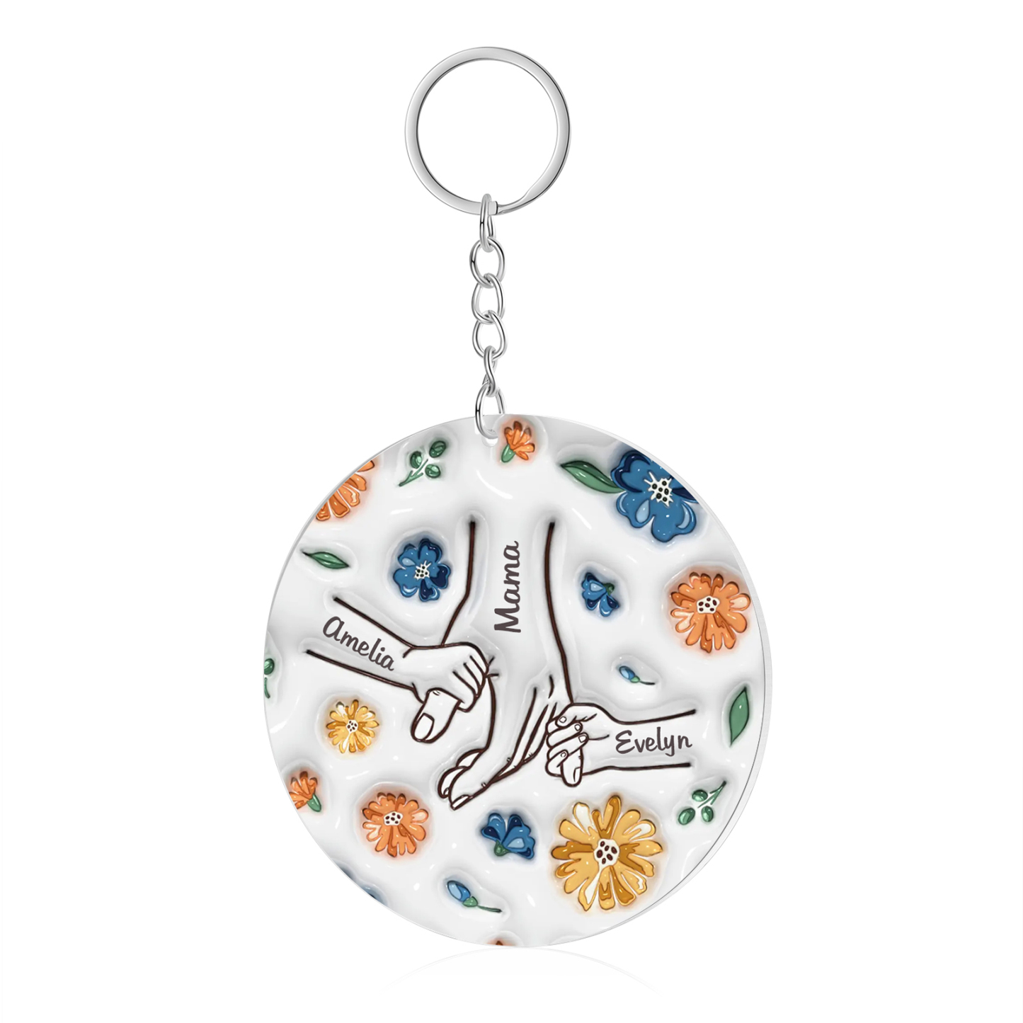 Personalisierte 3 Namen Hand-in-Hand runder Acryl Schlüsselanhänger Weihnachtsornament für Mutter Familie