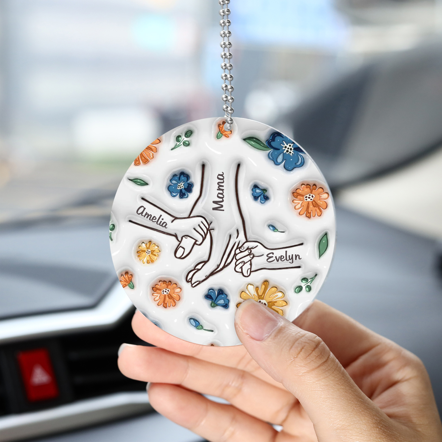 Personalisierte 3 Namen Hand-in-Hand runder Acryl Schlüsselanhänger Weihnachtsornament für Mutter Familie